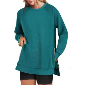 ANRABESS Women’s Oversized Sweatshirts Crewneck Long Sleeve Tunic Pullover Shirts Side Zipper Hoodies 2025 Fall Clothes(Dusty Blue)