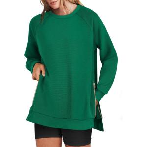 ANRABESS Women’s Oversized Sweatshirts Crewneck Long Sleeve Tunic Pullover Shirts Side Zipper Hoodies 2025 Fall Clothes(Green)