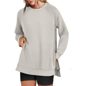 ANRABESS Women’s Oversized Sweatshirts Crewneck Long Sleeve Tunic Pullover Shirts Side Zipper Hoodies 2025 Fall Clothes(Grey Apricot)