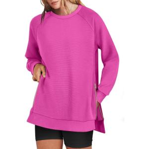 ANRABESS Women’s Oversized Sweatshirts Crewneck Long Sleeve Tunic Pullover Shirts Side Zipper Hoodies 2025 Fall Clothes(Hot Pink)