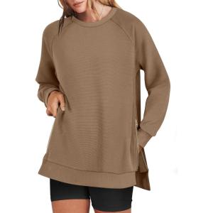 ANRABESS Women’s Oversized Sweatshirts Crewneck Long Sleeve Tunic Pullover Shirts Side Zipper Hoodies 2025 Fall Clothes(Khaki)