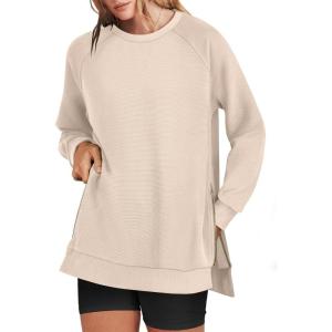 ANRABESS Women’s Oversized Sweatshirts Crewneck Long Sleeve Tunic Pullover Shirts Side Zipper Hoodies 2025 Fall Clothes(Light Almond)