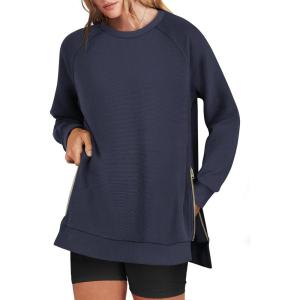 ANRABESS Women’s Oversized Sweatshirts Crewneck Long Sleeve Tunic Pullover Shirts Side Zipper Hoodies 2025 Fall Clothes(Navy Blue)