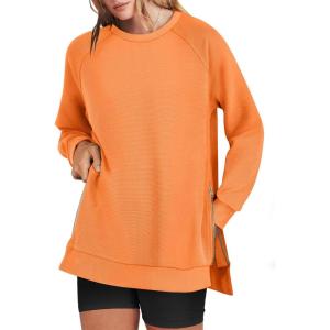 ANRABESS Women’s Oversized Sweatshirts Crewneck Long Sleeve Tunic Pullover Shirts Side Zipper Hoodies 2025 Fall Clothes(Orange)