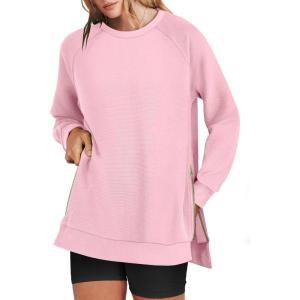 ANRABESS Women’s Oversized Sweatshirts Crewneck Long Sleeve Tunic Pullover Shirts Side Zipper Hoodies 2025 Fall Clothes(Pink)