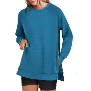 ANRABESS Women’s Oversized Sweatshirts Crewneck Long Sleeve Tunic Pullover Shirts Side Zipper Hoodies 2025 Fall Clothes(Steel Blue)