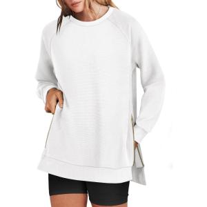 ANRABESS Women’s Oversized Sweatshirts Crewneck Long Sleeve Tunic Pullover Shirts Side Zipper Hoodies 2025 Fall Clothes(White)