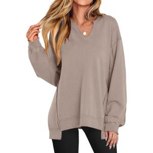 ANRABESS Women’s Oversized Sweatshirts Long Sleeve Tunic Shirts V Neck Loose Pullover Tops 2025 Trendy Fall Teen Girls Outfit(Dark Khaki)