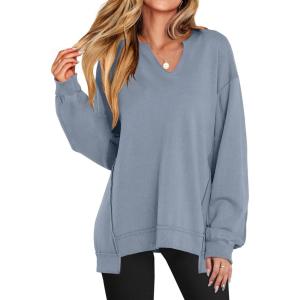 ANRABESS Women’s Oversized Sweatshirts Long Sleeve Tunic Shirts V Neck Loose Pullover Tops 2025 Trendy Fall Teen Girls Outfit(Light Blue)