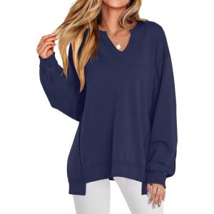 ANRABESS Women’s Oversized Sweatshirts Long Sleeve Tunic Shirts V Neck Loose Pullover Tops 2025 Trendy Fall Teen Girls Outfit(Navy Blue)