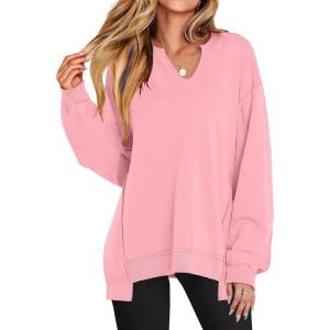 ANRABESS Women’s Oversized Sweatshirts Long Sleeve Tunic Shirts V Neck Loose Pullover Tops 2025 Trendy Fall Teen Girls Outfit(Pink)