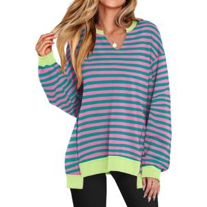 ANRABESS Women’s Oversized Sweatshirts Long Sleeve Tunic Shirts V Neck Loose Pullover Tops 2025 Trendy Fall Teen Girls Outfit(Pink Green)