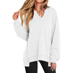 ANRABESS Women’s Oversized Sweatshirts Long Sleeve Tunic Shirts V Neck Loose Pullover Tops 2025 Trendy Fall Teen Girls Outfit(White)
