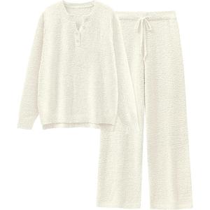 ANRABESS Womens Pajama Fuzzy Fleece 2 Piece Long Sleeve Top Wide Leg Pants Lounge Matching Pj Sets 2025 Fall Winter Outfits(Beige)