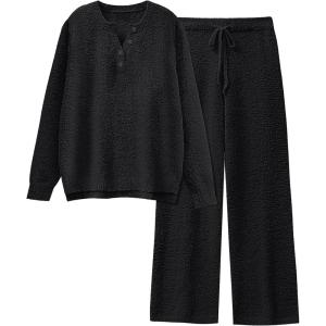 ANRABESS Womens Pajama Fuzzy Fleece 2 Piece Long Sleeve Top Wide Leg Pants Lounge Matching Pj Sets 2025 Fall Winter Outfits(Black)