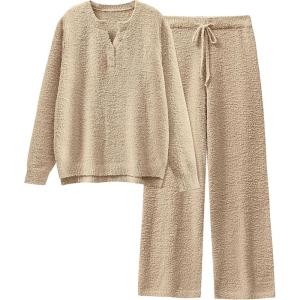 ANRABESS Womens Pajama Fuzzy Fleece 2 Piece Long Sleeve Top Wide Leg Pants Lounge Matching Pj Sets 2025 Fall Winter Outfits(Light Khaki)