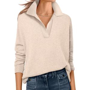 ANRABESS Womens Polo V Neck Long Sleeve Sweaters Lightweight Dressy Casual Business Basic Knit Pullover Top 2025 Fall Outfits(Almond)