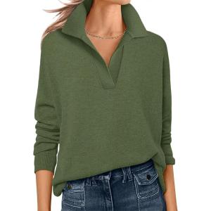 ANRABESS Womens Polo V Neck Long Sleeve Sweaters Lightweight Dressy Casual Business Basic Knit Pullover Top 2025 Fall Outfits(Army Green)