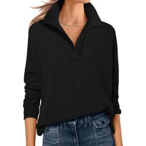 ANRABESS Womens Polo V Neck Long Sleeve Sweaters Lightweight Dressy Casual Business Basic Knit Pullover Top 2025 Fall Outfits(Black)
