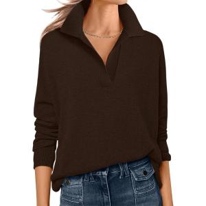 ANRABESS Womens Polo V Neck Long Sleeve Sweaters Lightweight Dressy Casual Business Basic Knit Pullover Top 2025 Fall Outfits(Coffee)