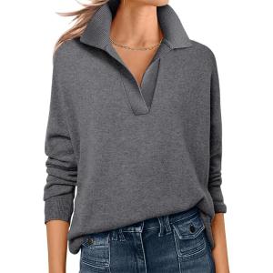 ANRABESS Womens Polo V Neck Long Sleeve Sweaters Lightweight Dressy Casual Business Basic Knit Pullover Top 2025 Fall Outfits(Dark Gray)