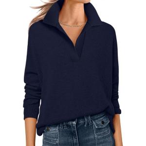 ANRABESS Womens Polo V Neck Long Sleeve Sweaters Lightweight Dressy Casual Business Basic Knit Pullover Top 2025 Fall Outfits(Navy Blue)