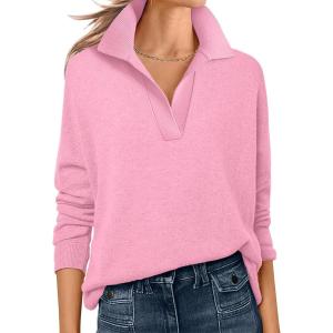 ANRABESS Womens Polo V Neck Long Sleeve Sweaters Lightweight Dressy Casual Business Basic Knit Pullover Top 2025 Fall Outfits(Pink)