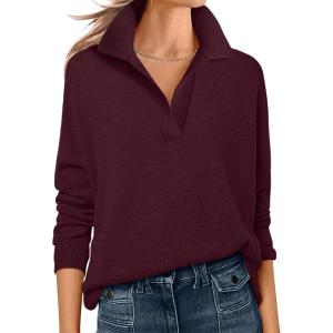ANRABESS Womens Polo V Neck Long Sleeve Sweaters Lightweight Dressy Casual Business Basic Knit Pullover Top 2025 Fall Outfits(Red)