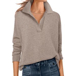 ANRABESS Womens Polo V Neck Long Sleeve Sweaters Lightweight Dressy Casual Business Basic Knit Pullover Top 2025 Fall Outfits(Tan)