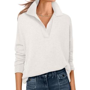 ANRABESS Womens Polo V Neck Long Sleeve Sweaters Lightweight Dressy Casual Business Basic Knit Pullover Top 2025 Fall Outfits(White)