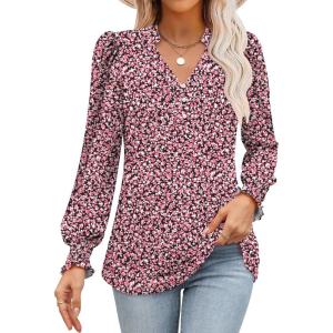 ANRABESS Womens Puff Long Sleeve Shirts Dressy Casual Blouses 2025 Fall V Neck Loose Fit Floral Business Work Tunic Tops(Black Pink Floral)