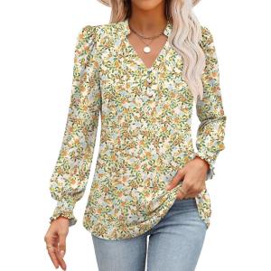 ANRABESS Womens Puff Long Sleeve Shirts Dressy Casual Blouses 2025 Fall V Neck Loose Fit Floral Business Work Tunic Tops(Orange Yellow Floral)