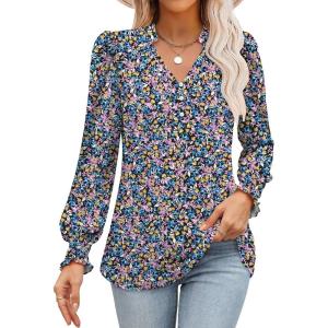 ANRABESS Womens Puff Long Sleeve Shirts Dressy Casual Blouses 2025 Fall V Neck Loose Fit Floral Business Work Tunic Tops(Purple Blue Floral)