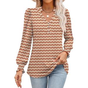 ANRABESS Womens Puff Long Sleeve Shirts Dressy Casual Blouses 2025 Fall V Neck Loose Fit Floral Business Work Tunic Tops(Red-orange Floral)