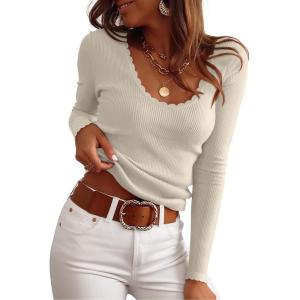 ANRABESS Womens Ribbed Fitted Sweater Long Sleeve Shirts Scoop Neck Lightweight Casual Knit Slim Tops 2025 Fall Outfits(Beige)
