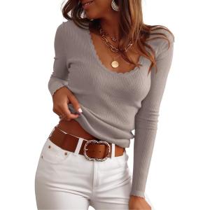 ANRABESS Womens Ribbed Fitted Sweater Long Sleeve Shirts Scoop Neck Lightweight Casual Knit Slim Tops 2025 Fall Outfits(Purple Taupe)