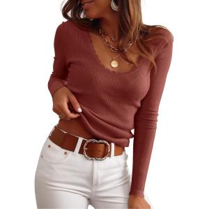 ANRABESS Womens Ribbed Fitted Sweater Long Sleeve Shirts Scoop Neck Lightweight Casual Knit Slim Tops 2025 Fall Outfits(Rust)