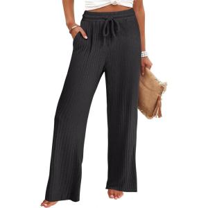 ANRABESS Womens Ribbed Knit Lounge Pajama Pants Soft Fuzzy Comfy Straight Leg Drawstring Fall Loose Pj Bottoms with Pockets(Black)