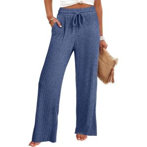 ANRABESS Womens Ribbed Knit Lounge Pajama Pants Soft Fuzzy Comfy Straight Leg Drawstring Fall Loose Pj Bottoms with Pockets(Dark Blue)