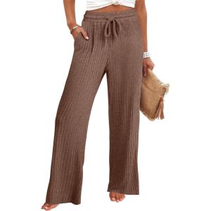 ANRABESS Womens Ribbed Knit Lounge Pajama Pants Soft Fuzzy Comfy Straight Leg Drawstring Fall Loose Pj Bottoms with Pockets(Dark Brown)