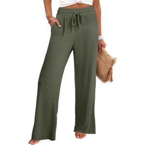 ANRABESS Womens Ribbed Knit Lounge Pajama Pants Soft Fuzzy Comfy Straight Leg Drawstring Fall Loose Pj Bottoms with Pockets(Deep Green)