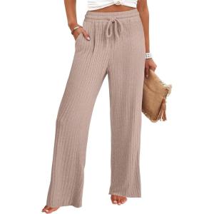 ANRABESS Womens Ribbed Knit Lounge Pajama Pants Soft Fuzzy Comfy Straight Leg Drawstring Fall Loose Pj Bottoms with Pockets(Tan)