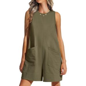 ANRABESS Womens Romper Casual Loose Sleeveless 2025 Summer One Piece Outfit Crewneck Short Jumpsuit Overall Outfits & Pockets(Army Green)