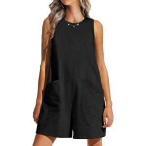 ANRABESS Womens Romper Casual Loose Sleeveless 2025 Summer One Piece Outfit Crewneck Short Jumpsuit Overall Outfits & Pockets(Black)
