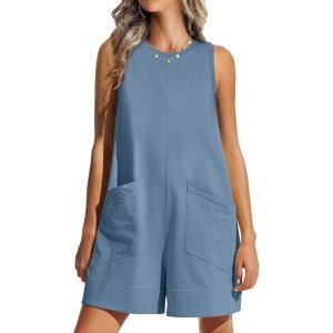 ANRABESS Womens Romper Casual Loose Sleeveless 2025 Summer One Piece Outfit Crewneck Short Jumpsuit Overall Outfits & Pockets(Light Blue)