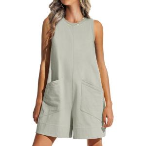 ANRABESS Womens Romper Casual Loose Sleeveless 2025 Summer One Piece Outfit Crewneck Short Jumpsuit Overall Outfits & Pockets(Light Green)