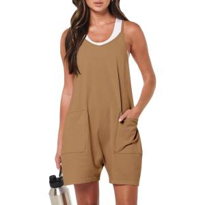 ANRABESS Womens Rompers Summer Casual Loose Sleeveless Overalls Spaghetti Strap Shorts Jumpsuit 2025 Beach Vacation Outfits(Brown)