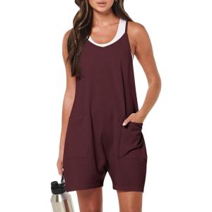 ANRABESS Womens Rompers Summer Casual Loose Sleeveless Overalls Spaghetti Strap Shorts Jumpsuit 2025 Beach Vacation Outfits(Burgundy)