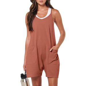 ANRABESS Womens Rompers Summer Casual Loose Sleeveless Overalls Spaghetti Strap Shorts Jumpsuit 2025 Beach Vacation Outfits(Rust)