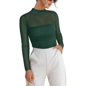 ANRABESS Womens Sexy Mesh Long Sleeve Shirts Trendy Mock Neck Sheer Ruched Going Out Tops Fall Slim Fit Blouses 2025(Deep Green)